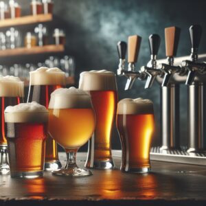 Craft beer glasses on a bar counter with beer taps on the background