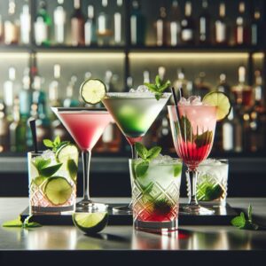 Cocktail Glasses on a bar counter with bottles on the background