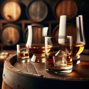 Whiskey and spirit glasses on a wooden barrow in a cellar background